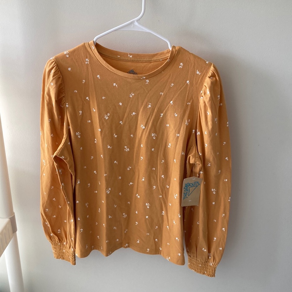 Thereabouts plus 3X Petite Hot Mustard Crew Neck Long Sleeves Top W/Floral Print